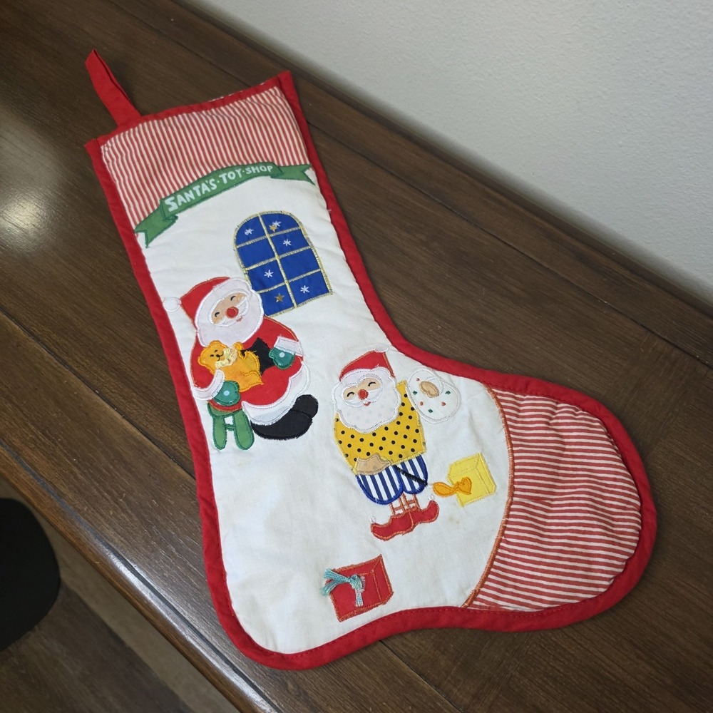 VTG Santa's Toy Shop Christmas Stocking 21.5" Applique Santa Elf Cotton